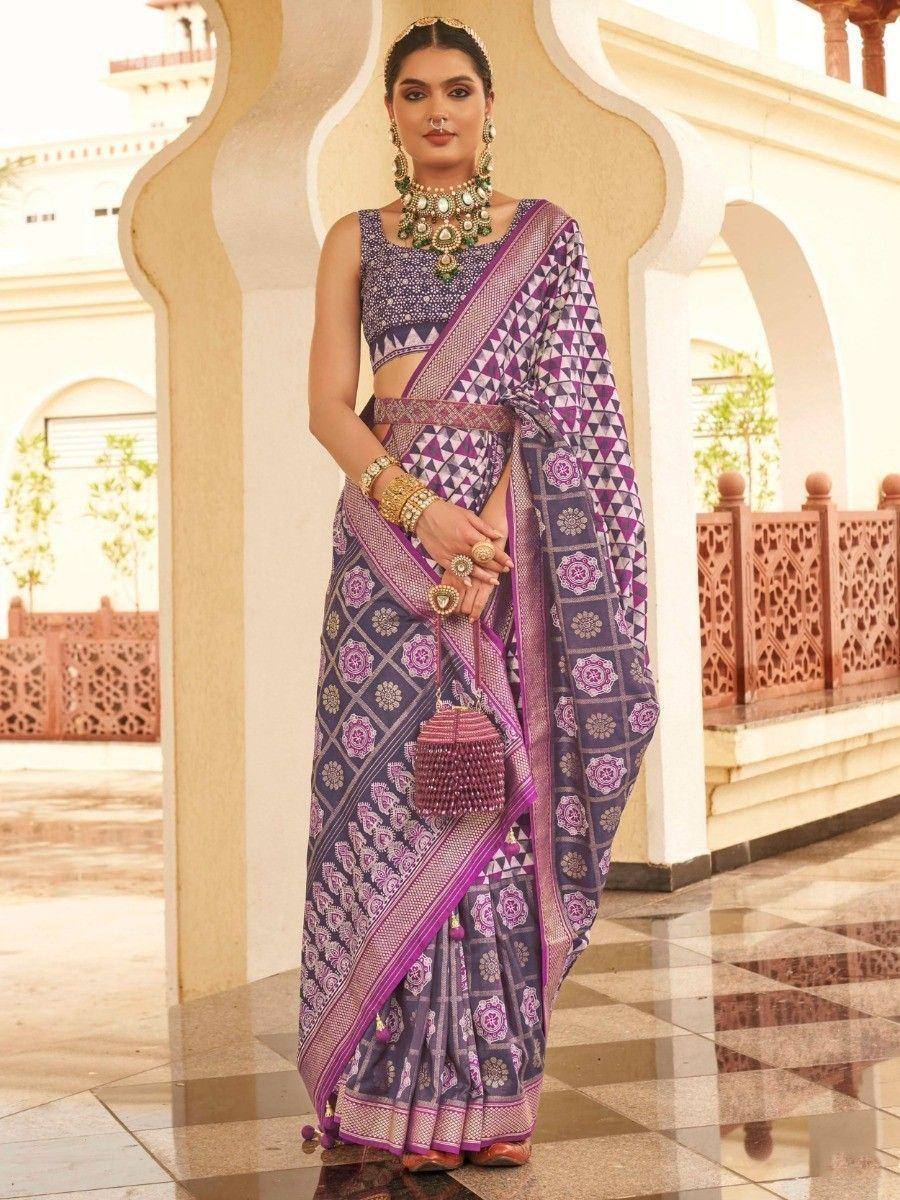 Purple and blue printed saree with matching blouse, traditional Indian ethnic wear for women