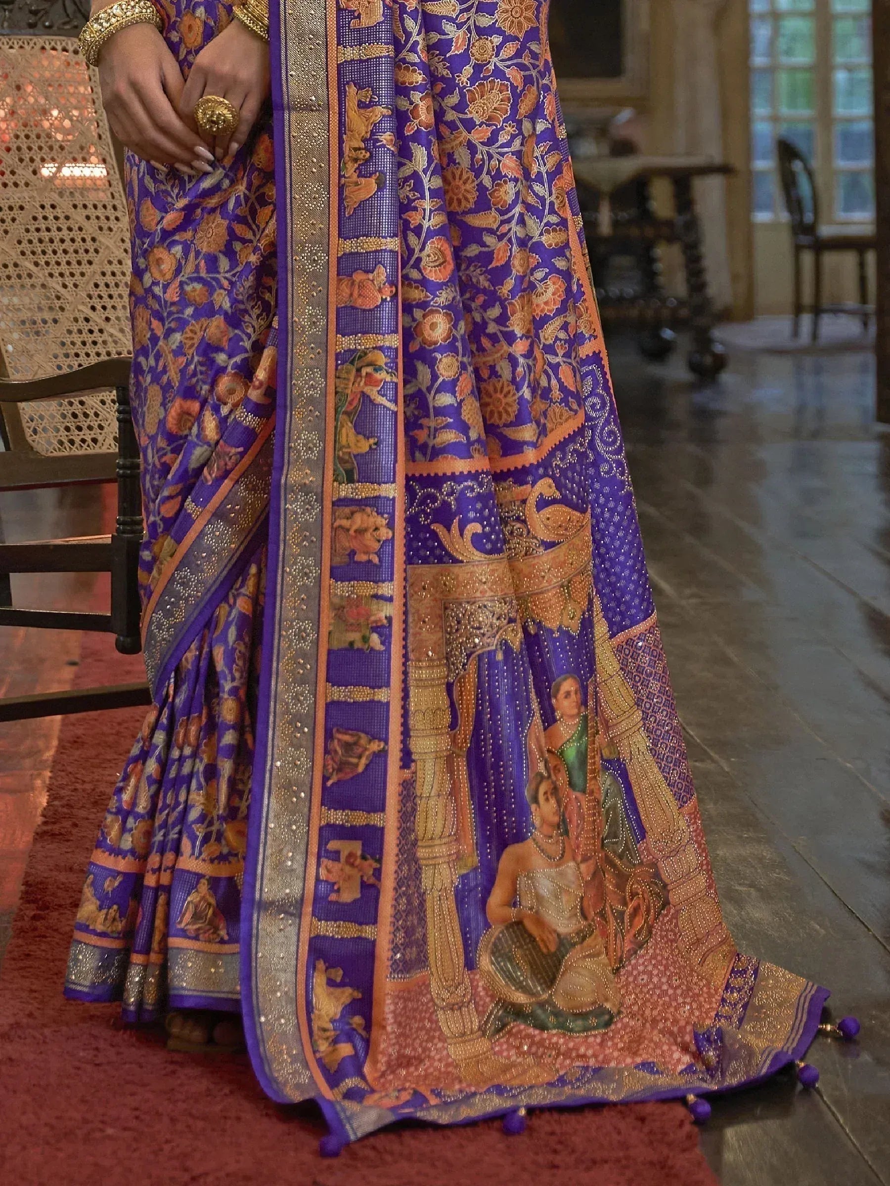 Purple floral and temple motif saree with gold embroidery, Indian ethnic wear