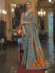 Mesmerizing Sky-Blue Printed Patola Silk Event Wear Saree With Blouse