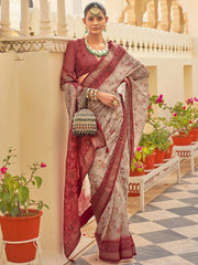 Lovely Grey Floral Printed Chiffon Festival Wear Saree With Blouse