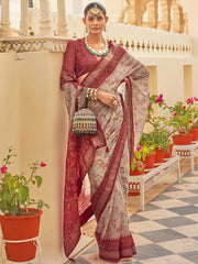 Lovely Grey Floral Printed Chiffon Festival Wear Saree With Blouse