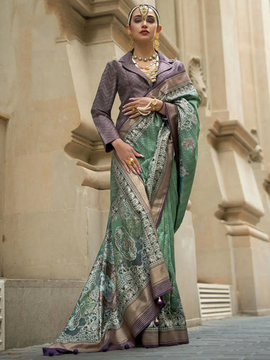 Marvelous Teal Green Digital Print Silk Event Wear Saree With Blouse