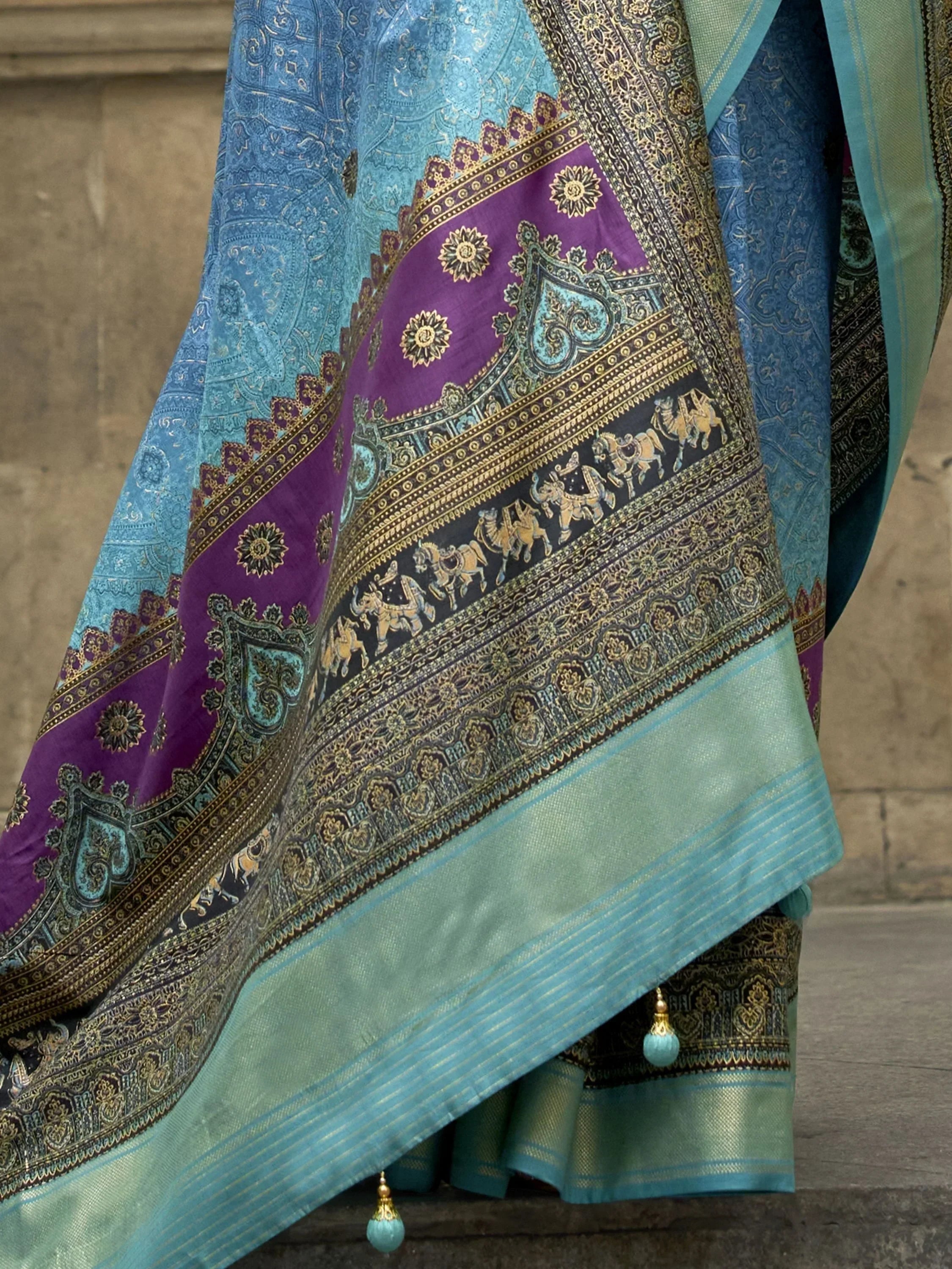 Incredible Sky-Blue Digital Print Silk Festival Wear Saree With Blouse