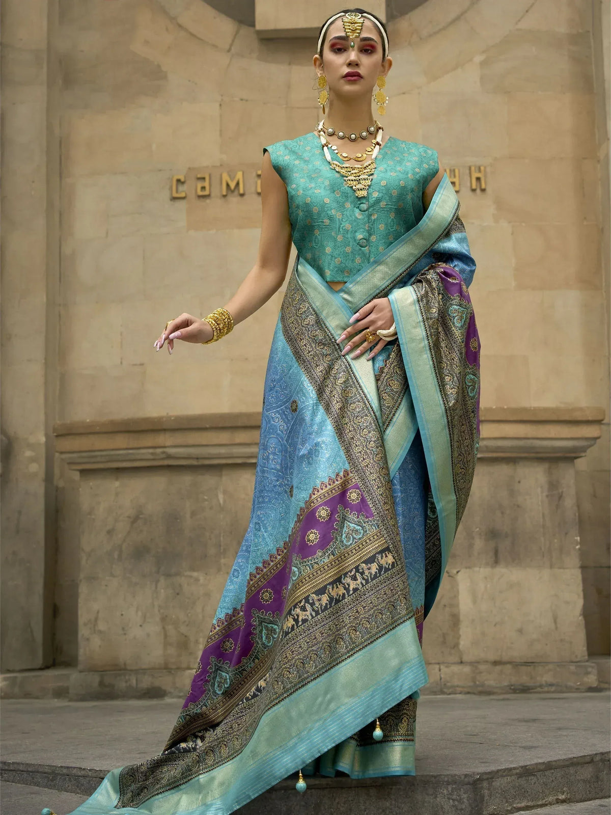 Woman in turquoise and purple designer saree with gold embroidery, traditional Indian ethnic wear