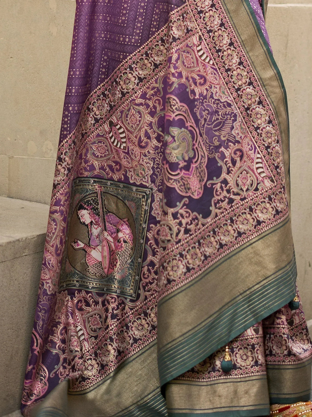 Purple designer saree with intricate paisley and temple art, gold border, perfect for Indian ethnic wear