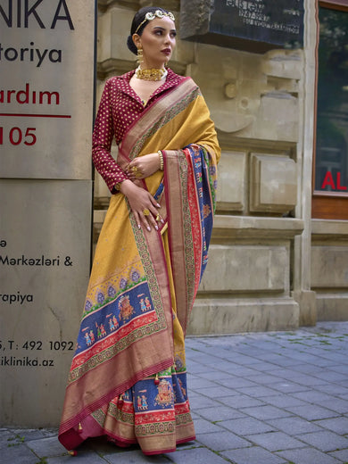 Beautiful Mustard Yellow Digital Printed Silk Haldi Wear Saree With Blouse