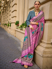 Attractive Pink Digital Printed Silk Festival Wear Saree With Blouse