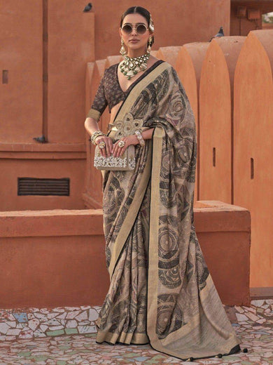 Stunning Brown Digital Printed Silk Reception Wear Saree With Blouse