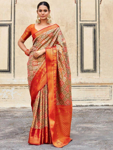 Gorgeous Orange Zari Weaving Silk Function Wear Saree With Blouse