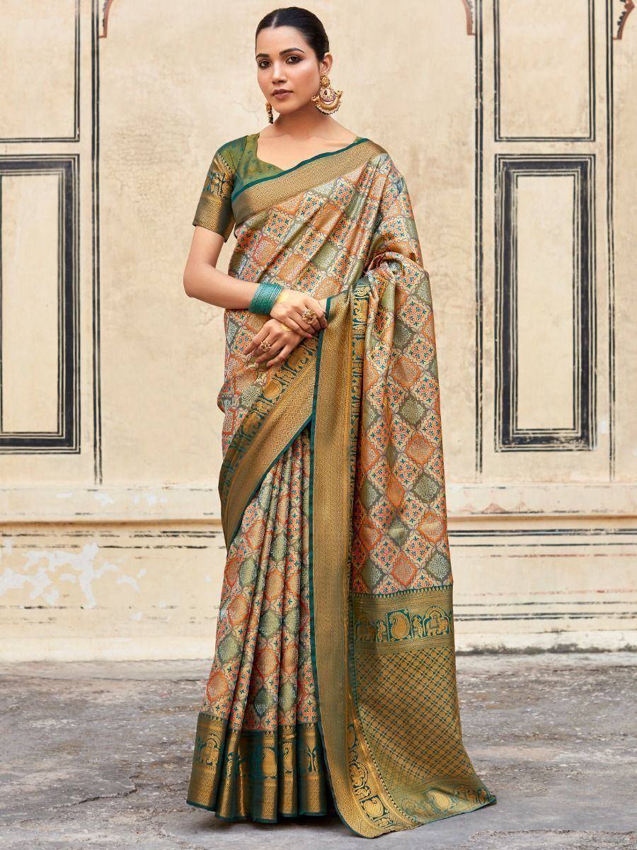 Elegant Indian saree with intricate patterns and golden border, perfect for ethnic wear occasions.
