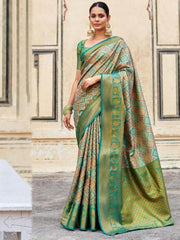 Beautiful Sage Green Zari Weaving Silk Wedding Wear Saree With Blouse