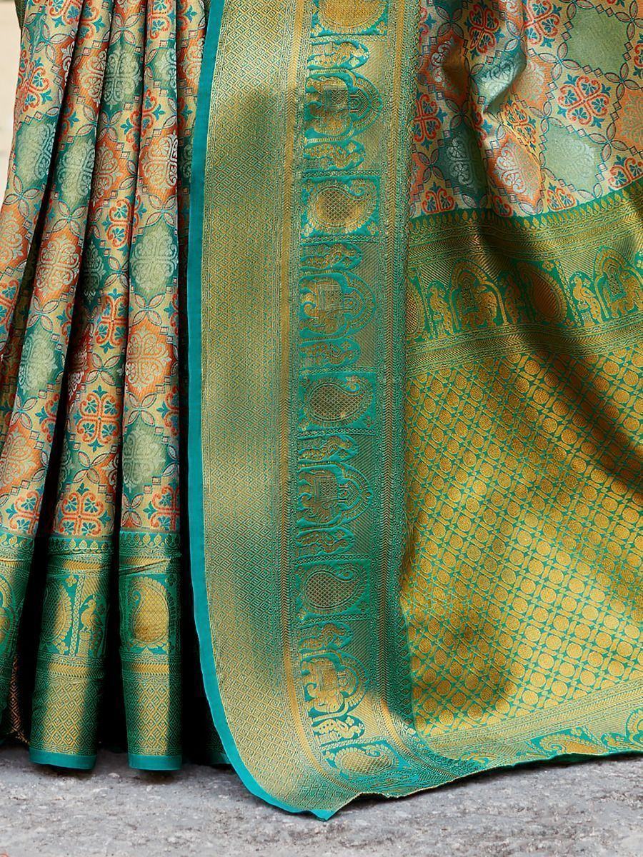 Beautiful Sage Green Zari Weaving Silk Wedding Wear Saree With Blouse