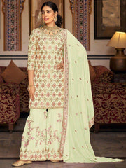 Charming Pista Green Sequins Georgette Reception Wear Sharara Suit