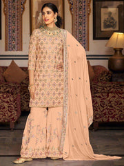 Magnetic Peach Sequins Georgette Designer Sharara Suit With Dupatta