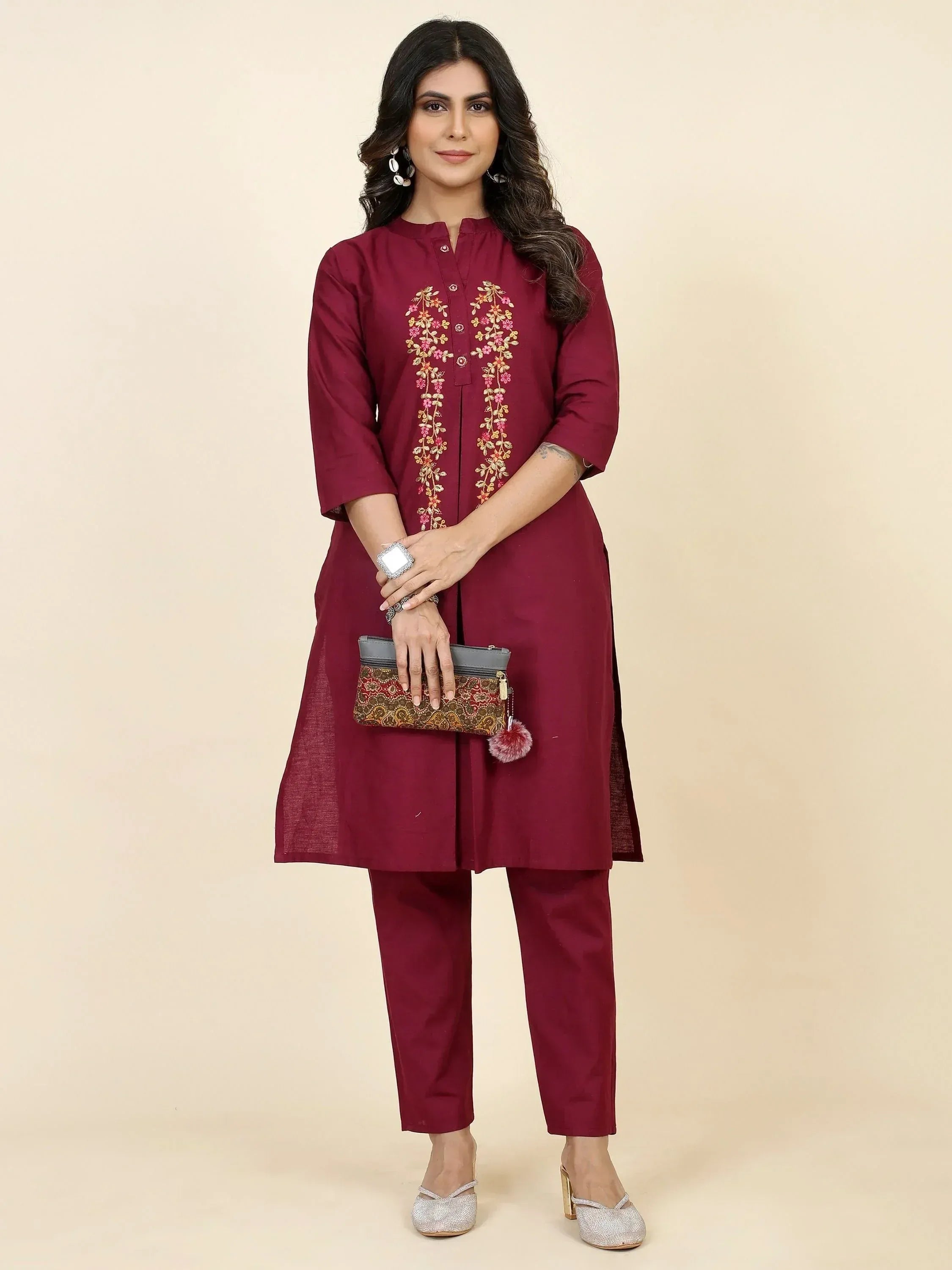 Maroon embroidered kurta with matching pants, ethnic wear for women