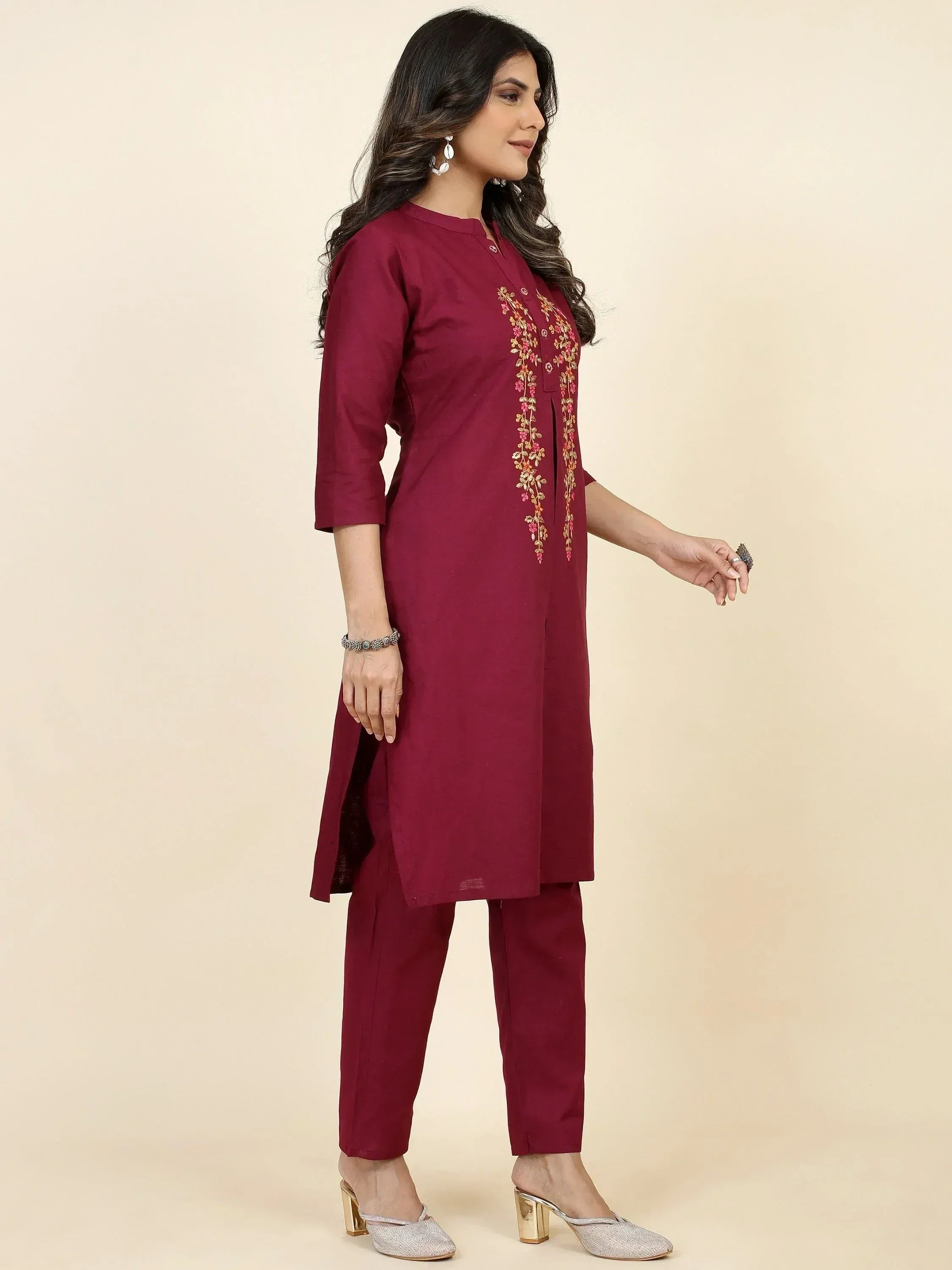 Maroon embroidered kurta with matching pants, Indian ethnic wear for women