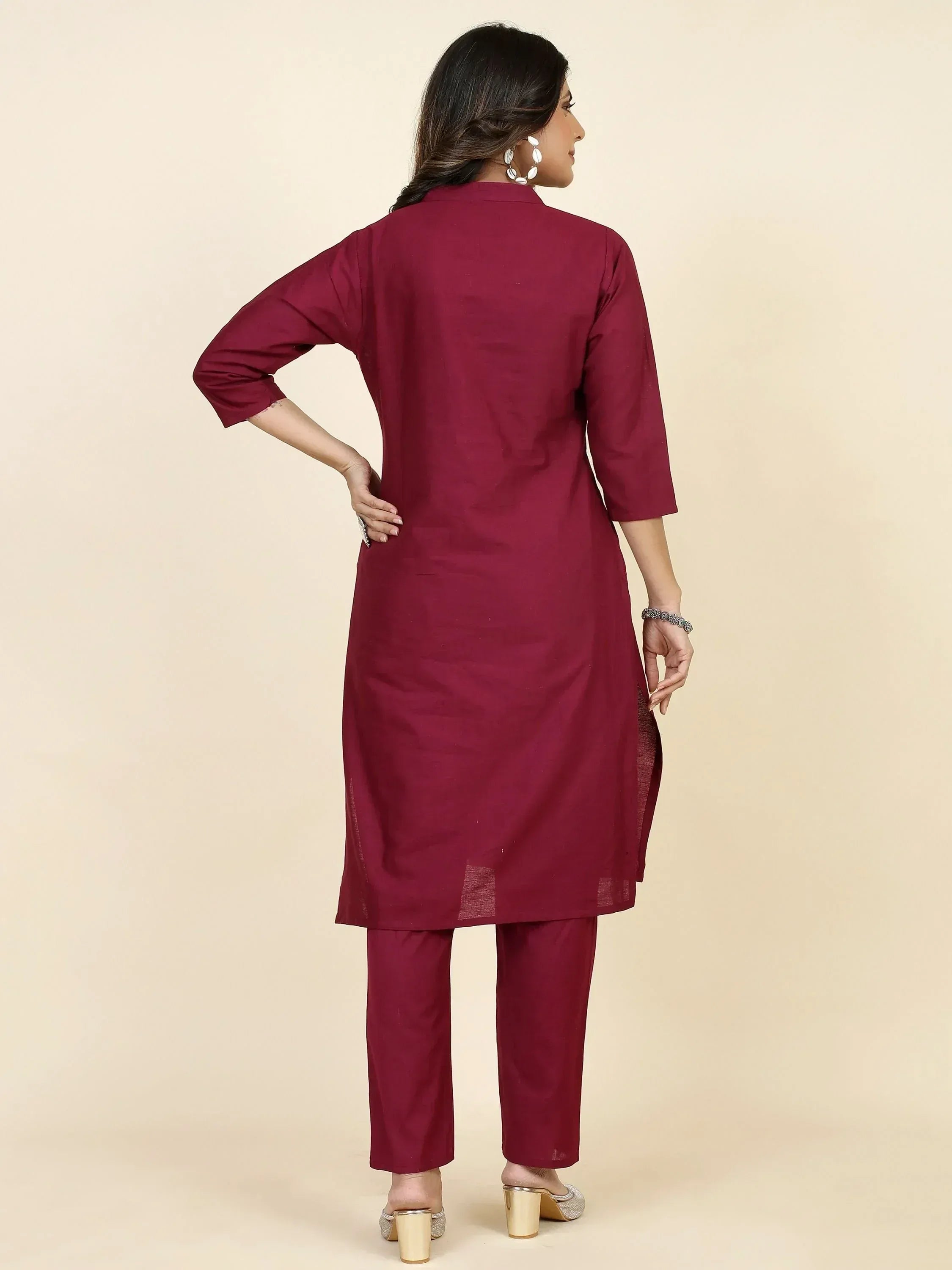 Maroon ethnic kurta with matching pants, back view, Indian wear for women