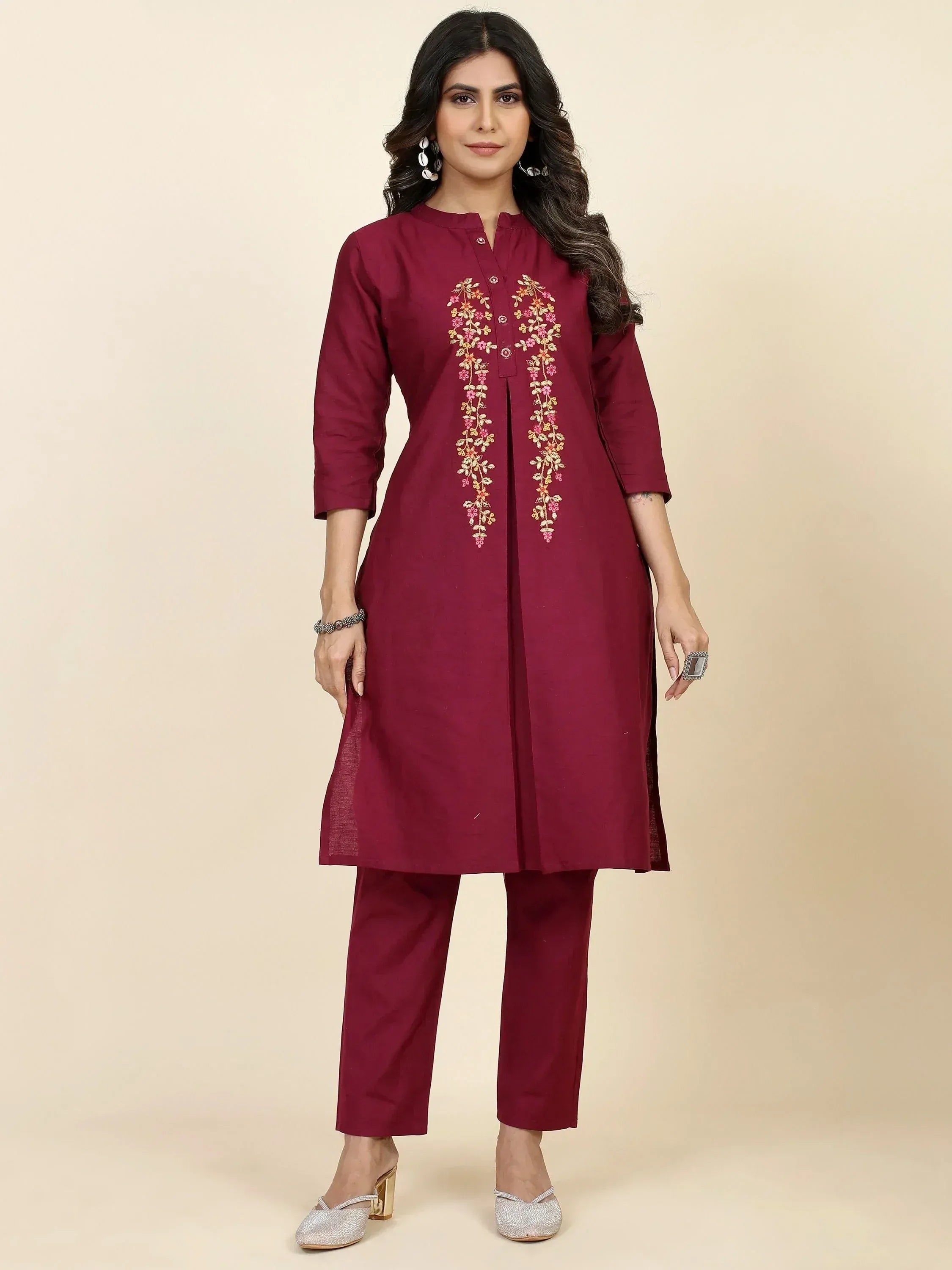 Maroon embroidered kurta with matching pants, Indian ethnic wear for women
