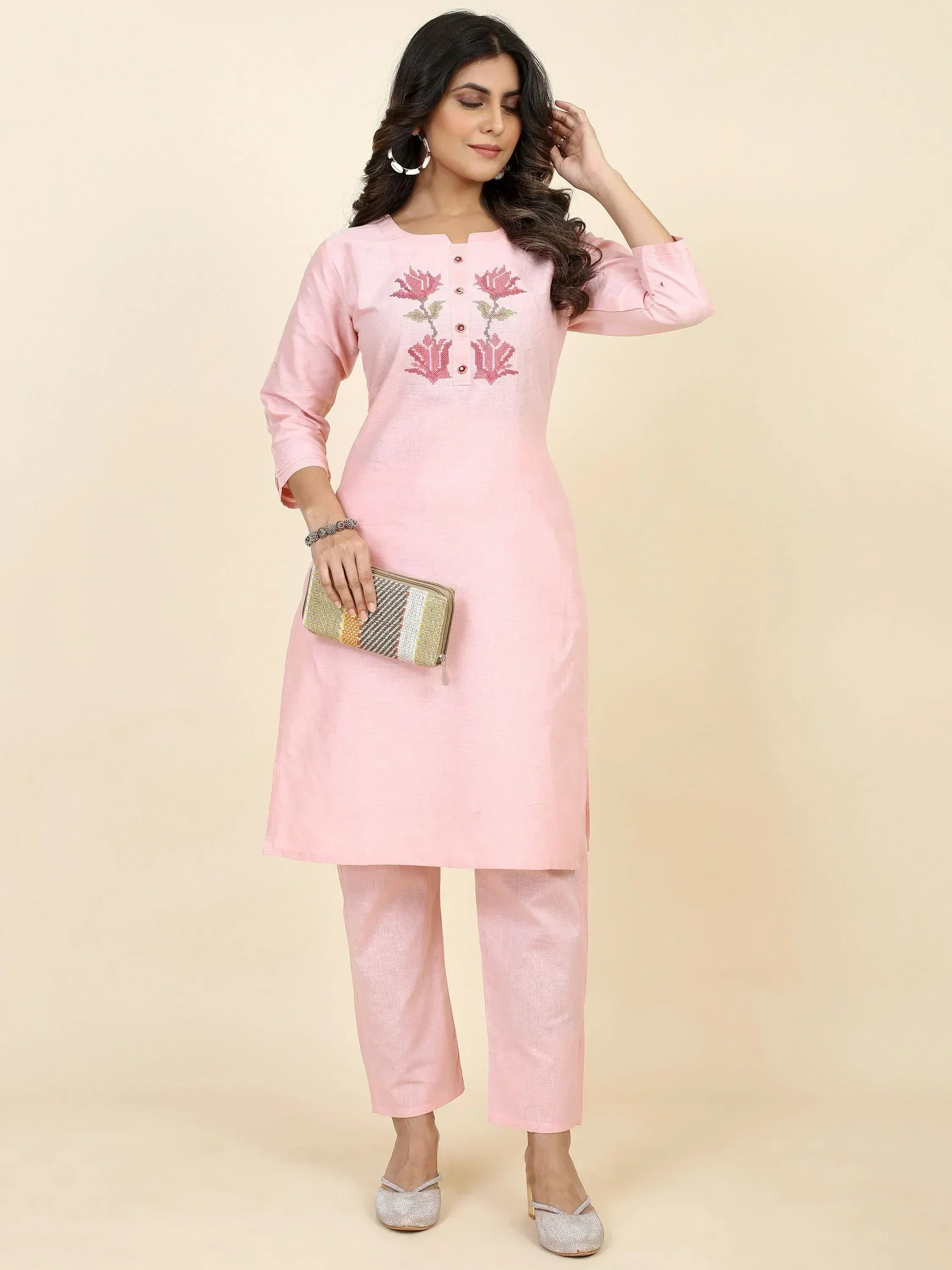 Pink embroidered kurta with matching pants, floral design, ethnic wear for women