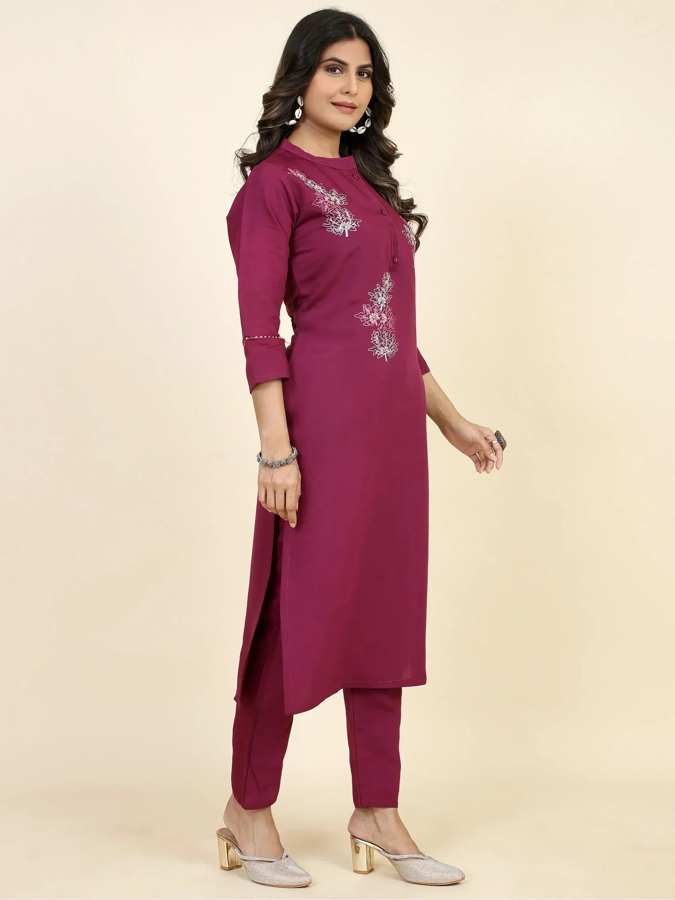 Purple embroidered kurta with matching pants, ethnic wear for women