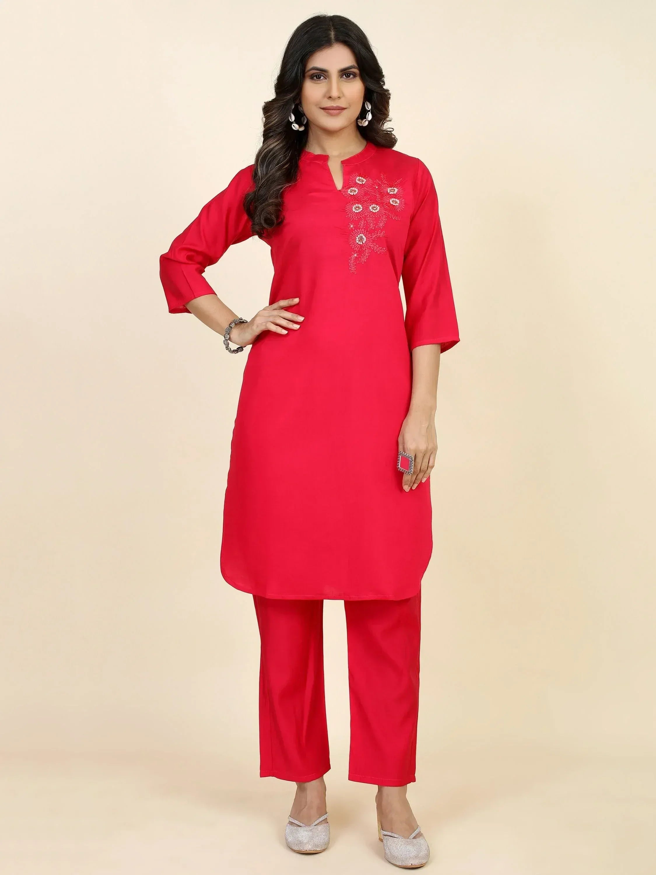 Red embroidered kurta with matching pants, Indian ethnic wear for women