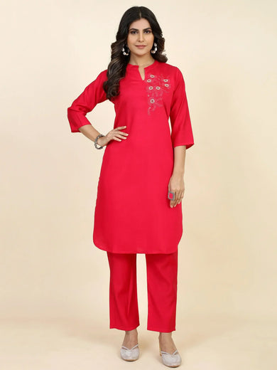 Glamorous Red Embroidered Silk Festival Wear Kurta With Pant