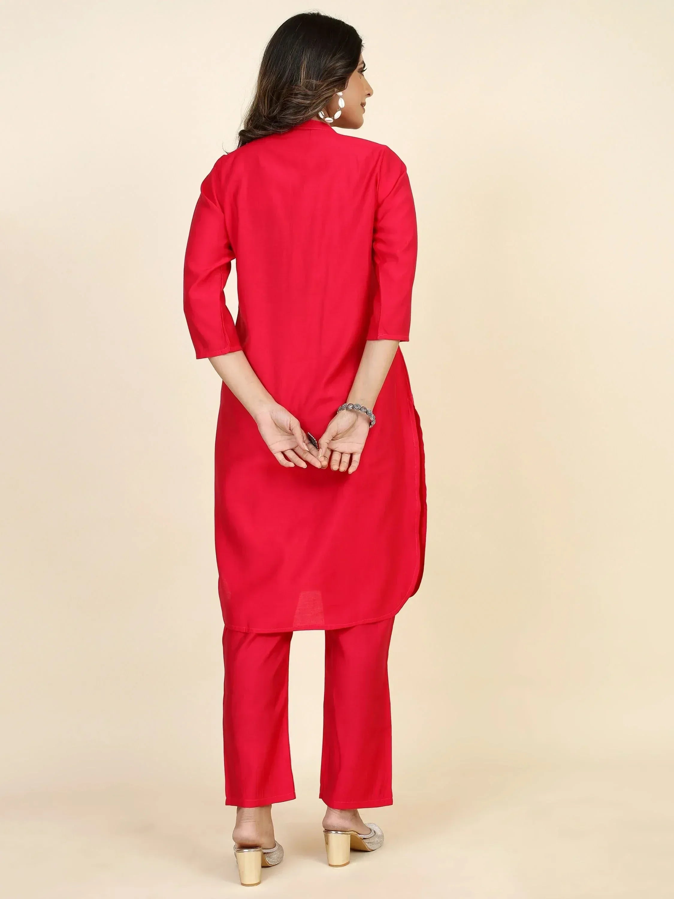 Red ethnic kurta set with matching pants, back view, perfect for Indian wear occasions