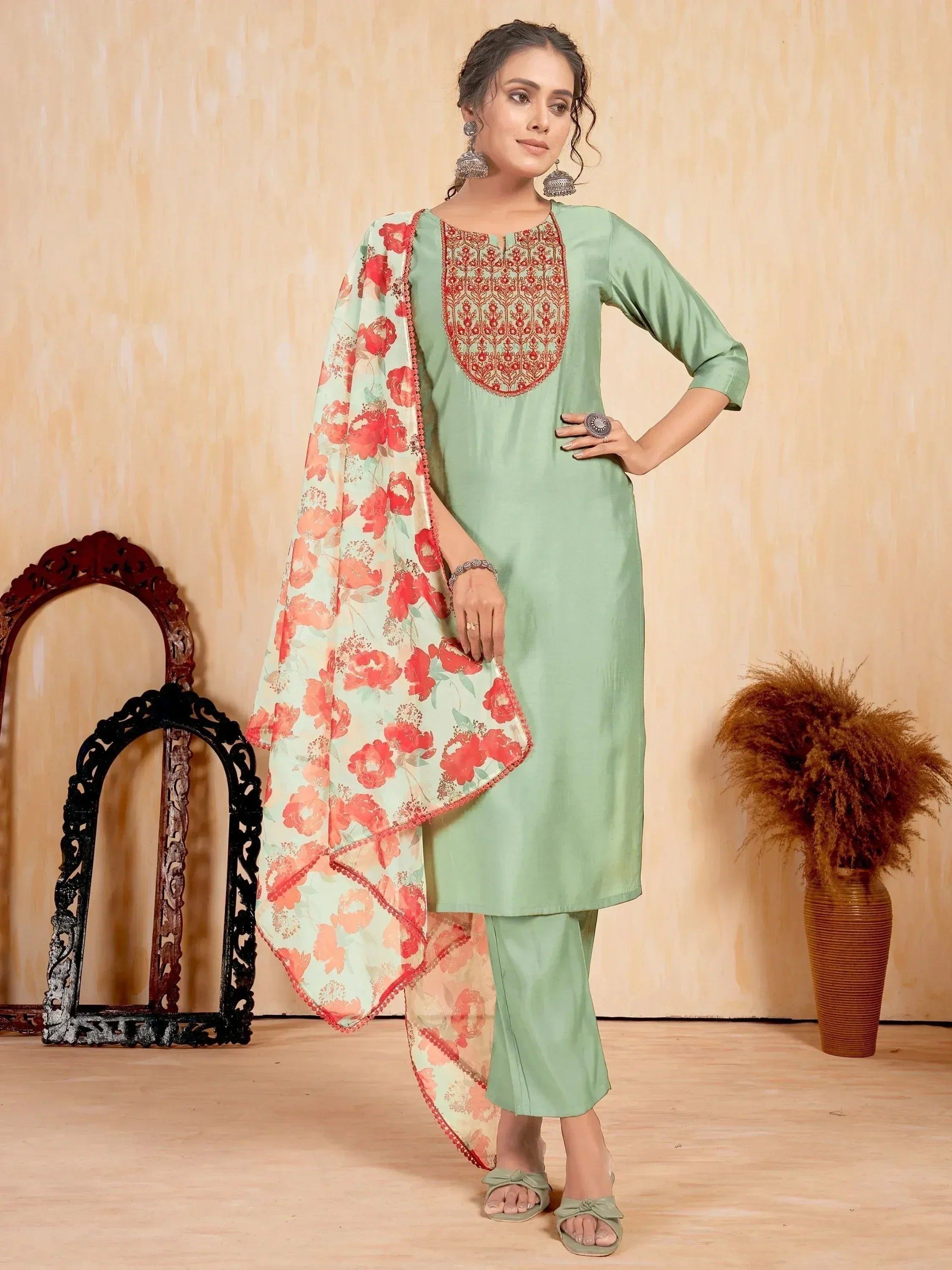 Mint green salwar kameez with red floral dupatta and embroidered neckline, Indian ethnic wear
