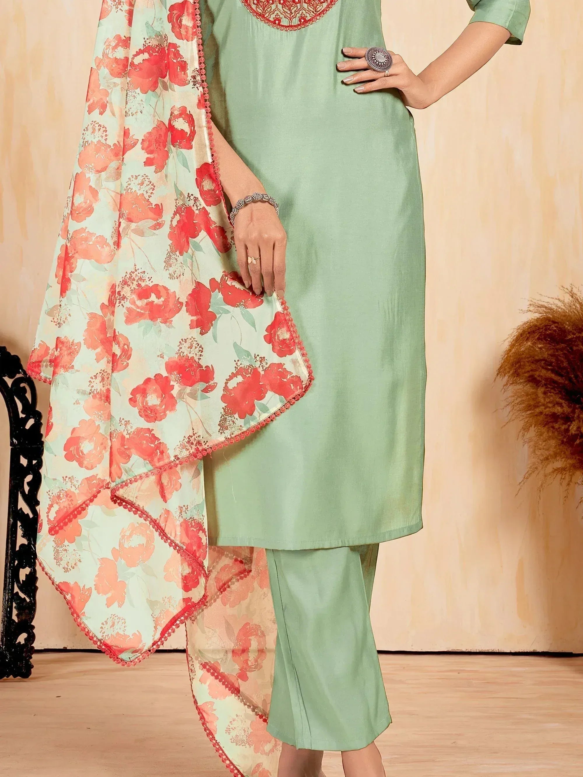 Mint green salwar kameez with red floral dupatta, ethnic Indian wear for women