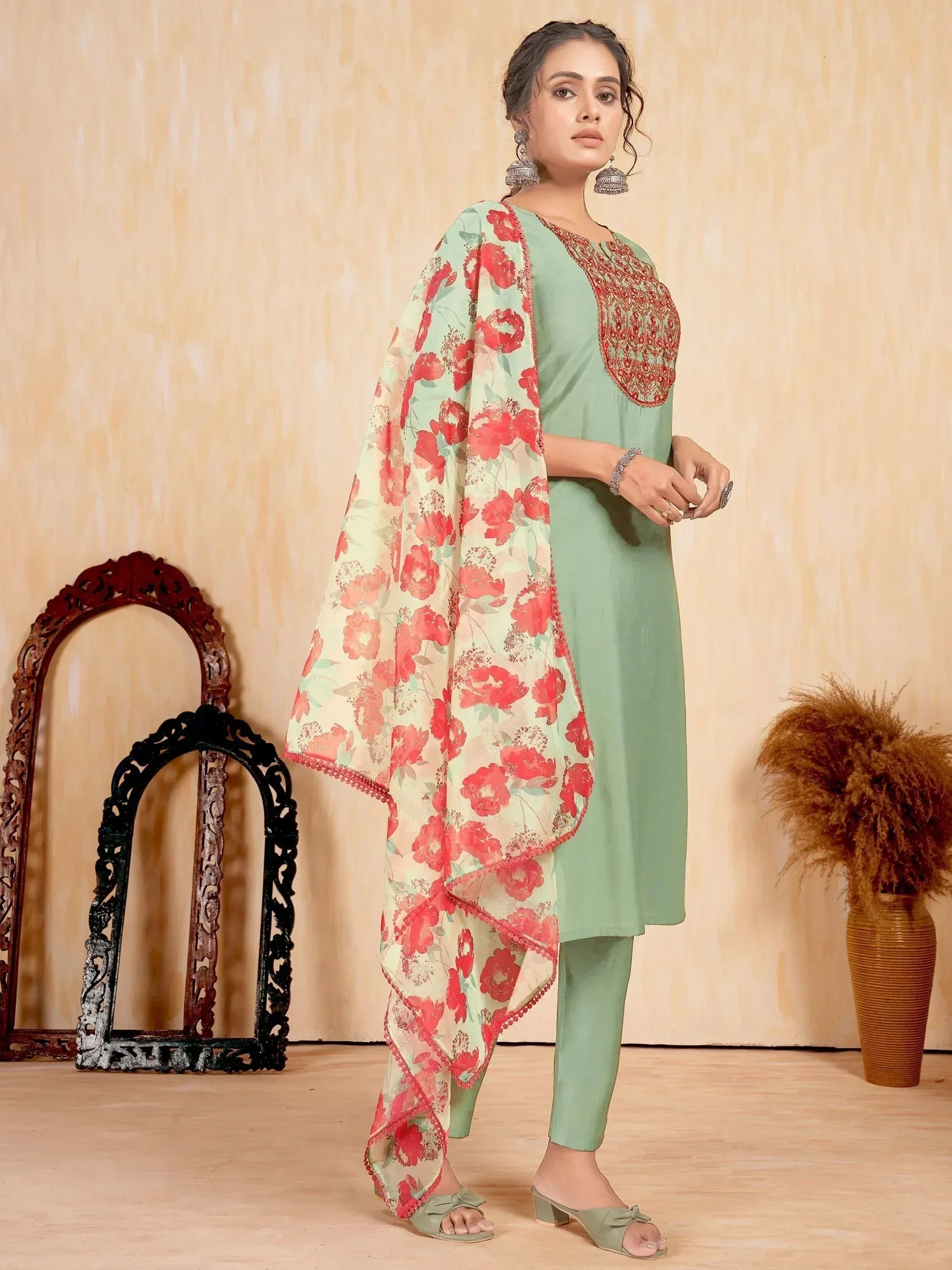 Mint green salwar kameez with red floral dupatta, ethnic Indian wear for women