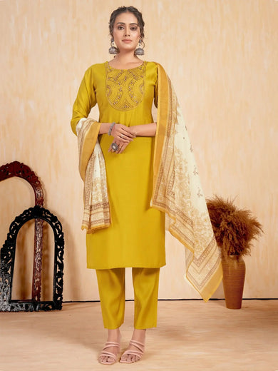 Astonishing Yellow Embroidered Silk Haldi Wear Pant Suit With Dupatta