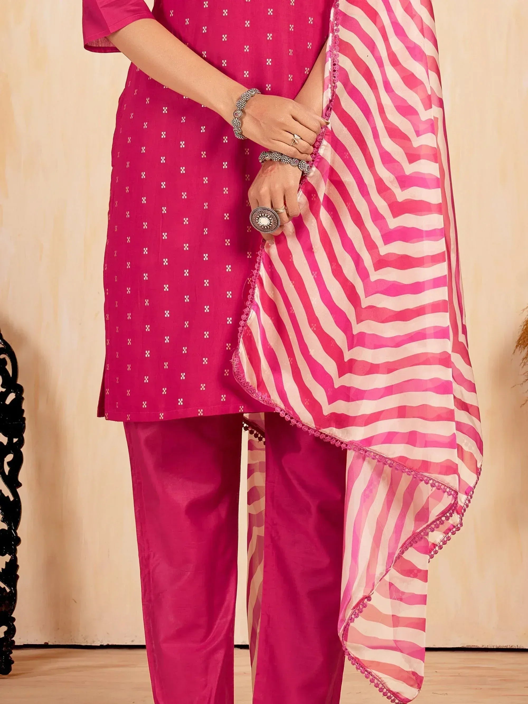 Pink salwar kameez set with patterned dupatta and silver jewelry, Indian ethnic wear