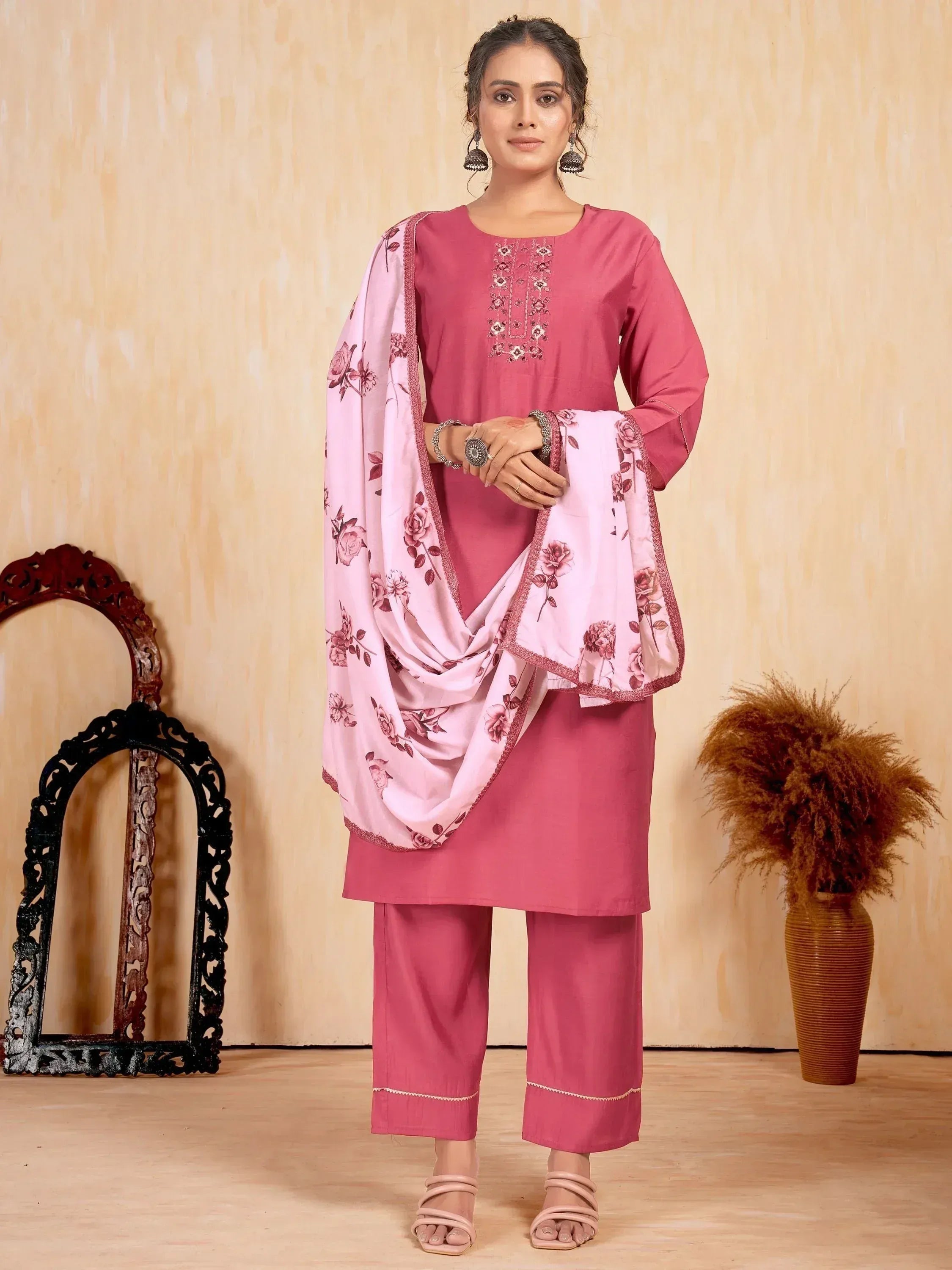 Pink embroidered salwar kameez with floral dupatta, Indian ethnic wear for women