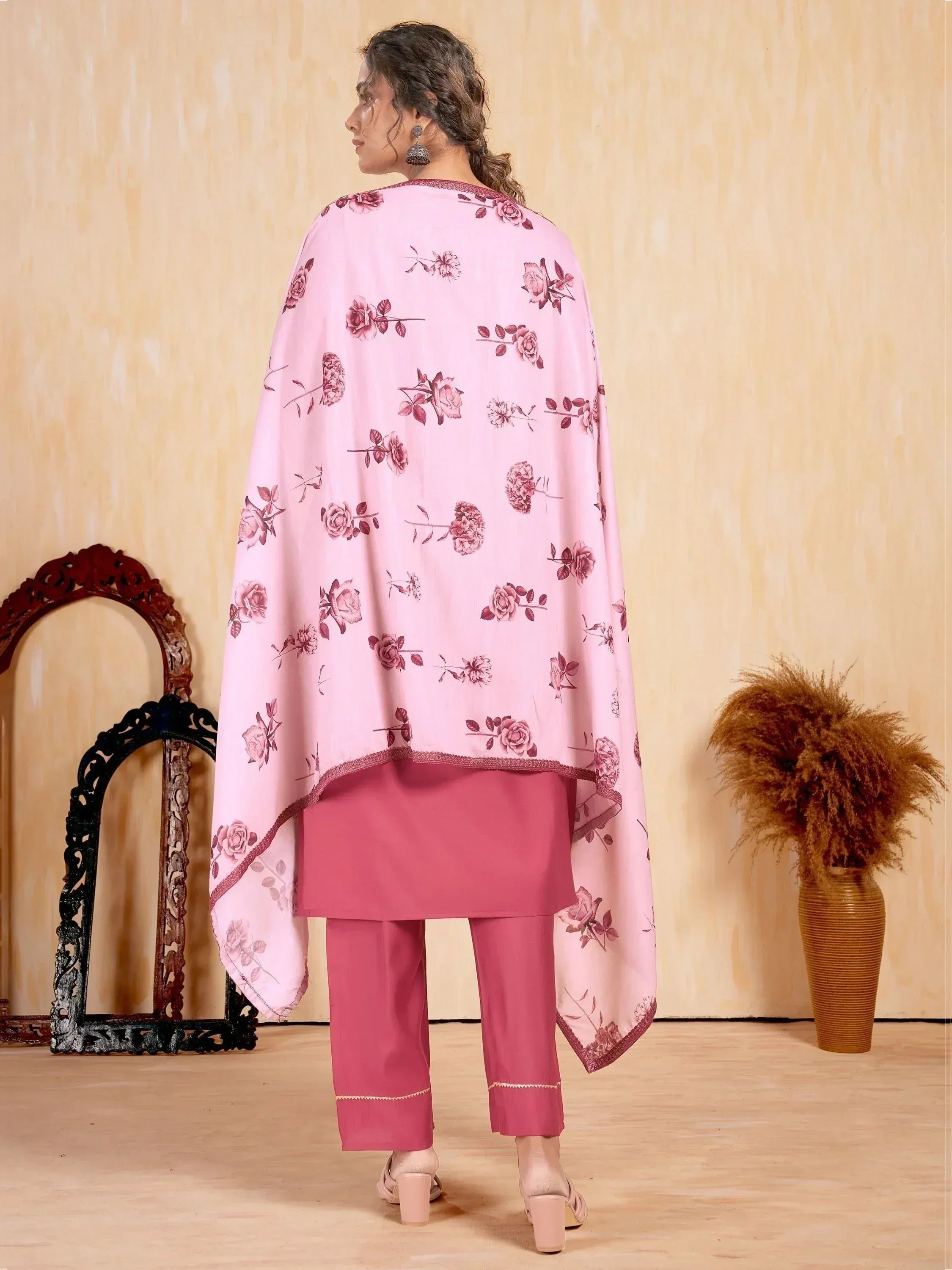 Pink floral printed ethnic salwar kameez with matching dupatta, ideal for Indian wear occasions