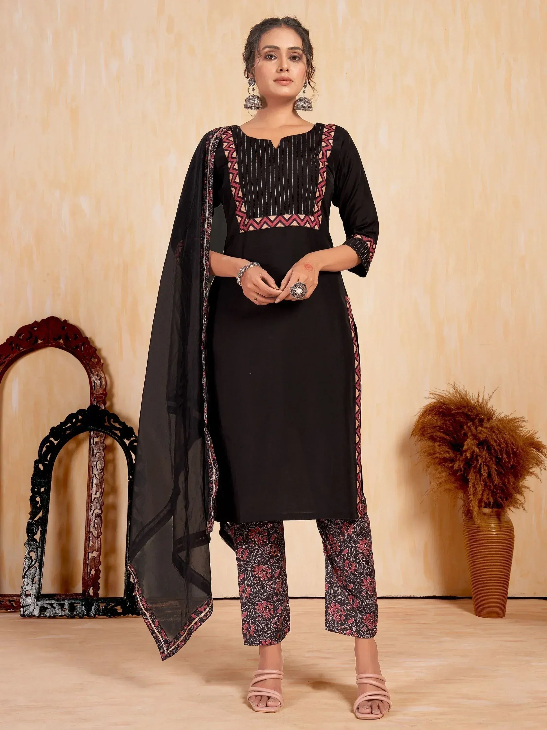 Black embroidered kurta with floral print palazzo and dupatta, Indian ethnic wear