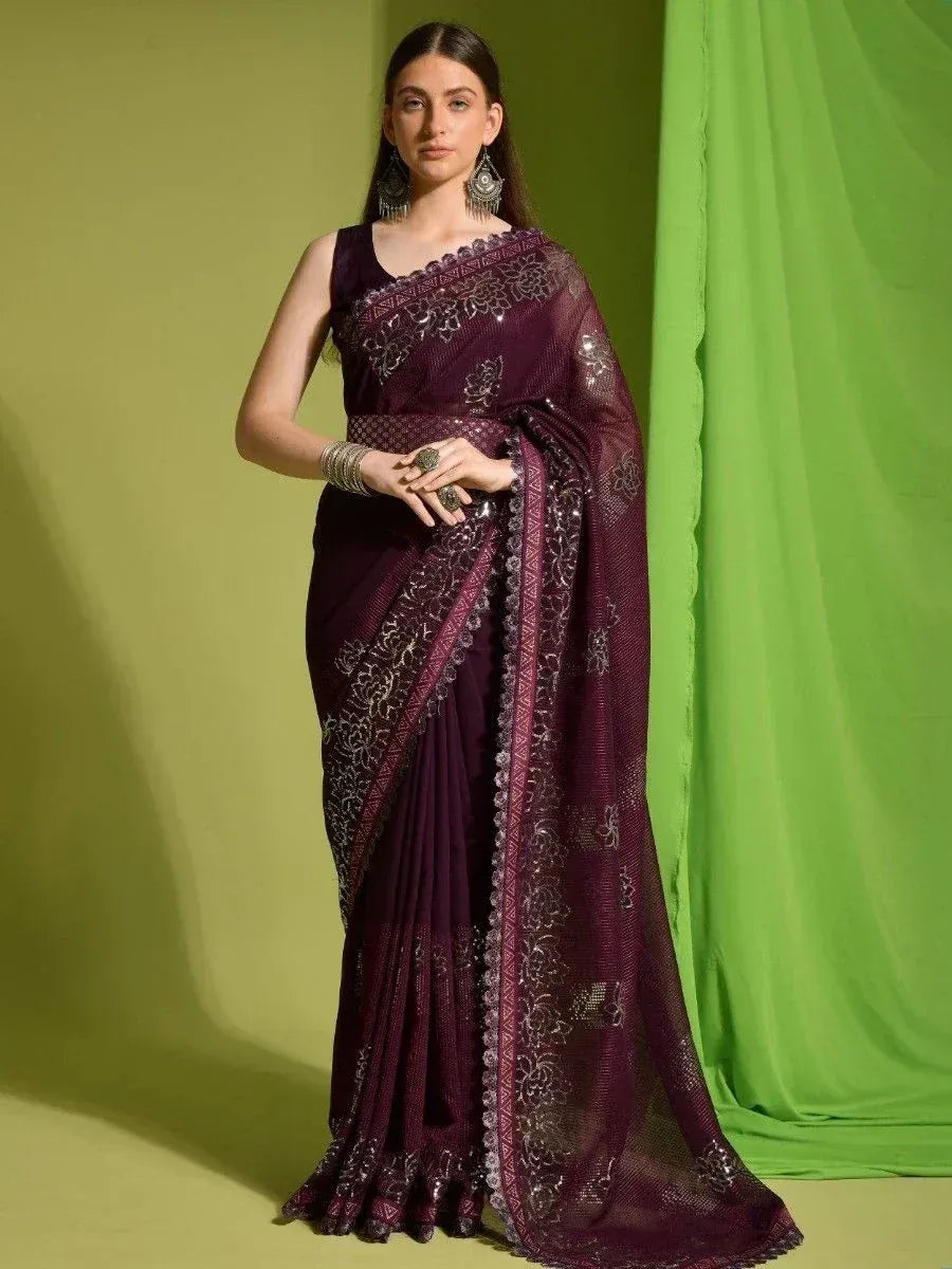 Elegant purple embroidered saree with sequin detailing, perfect for Indian ethnic occasions