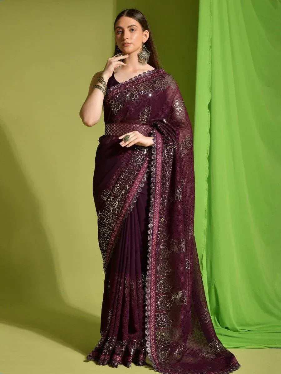 Elegant purple embroidered saree with sequin work, perfect for Indian ethnic occasions and festive wear.