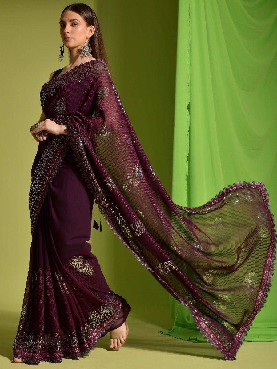 Elegant purple saree with gold embroidery and sheer dupatta, perfect for Indian ethnic occasions