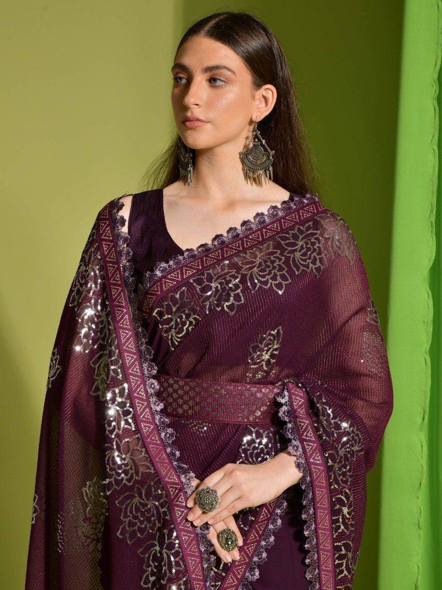 Elegant purple ethnic saree with gold floral embroidery and sheer dupatta, perfect for Indian occasions.