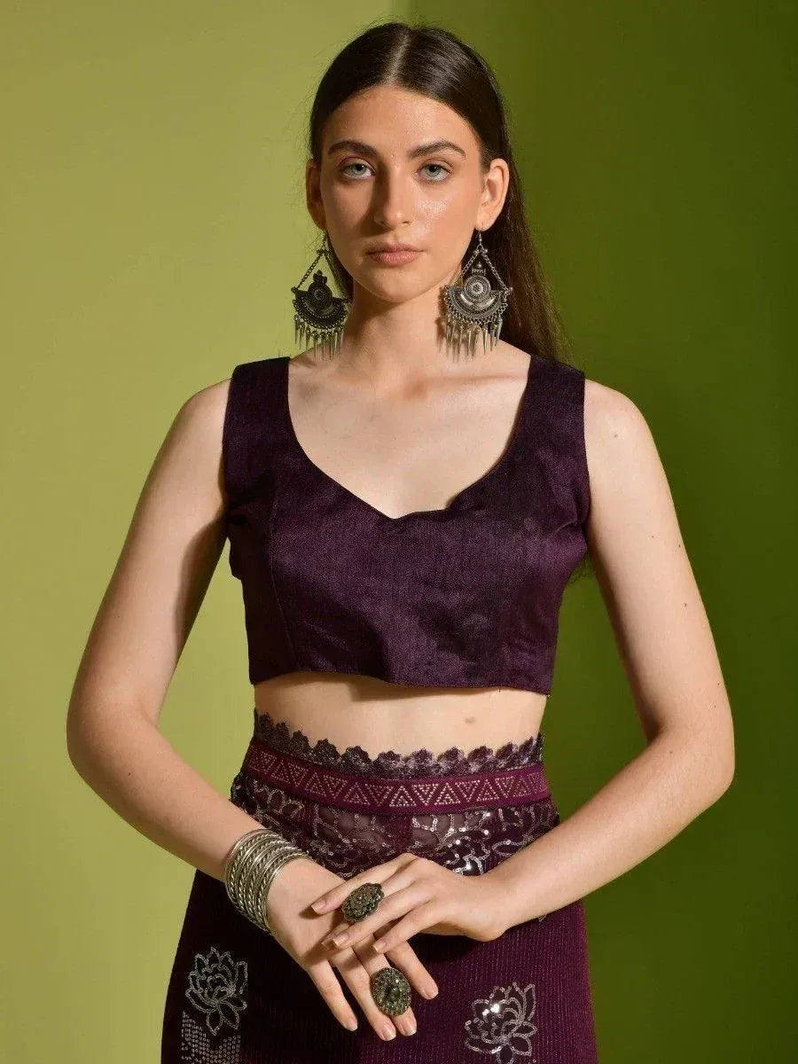 Purple ethnic crop top with lace skirt, traditional Indian wear, designer lehenga choli style