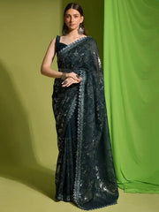 Stunning Dark Green Sequins Georgette Party Wear Saree With Blouse