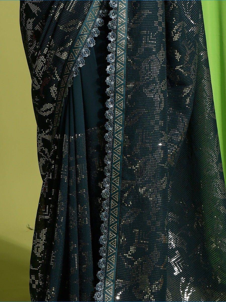 Dark green sequined saree with lace border, Indian ethnic wear for women