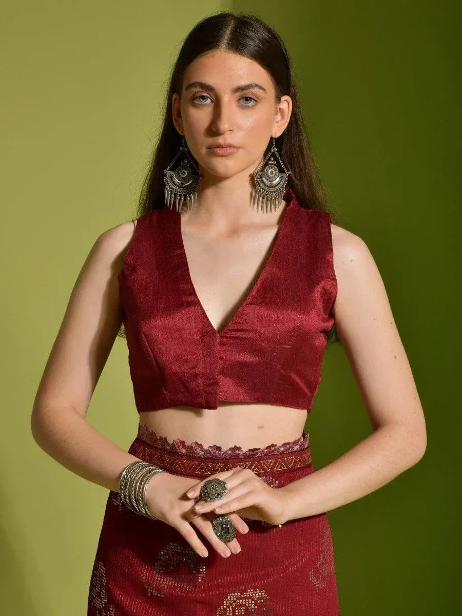 Maroon ethnic crop top with matching skirt, traditional Indian wear for women