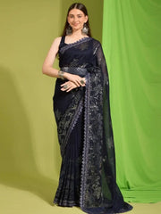 Awesome Navy Blue Sequins Georgette Reception Wear Saree With Blouse