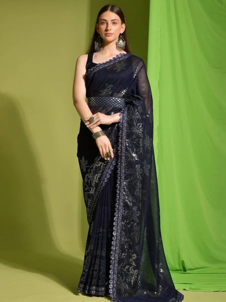 Awesome Navy Blue Sequins Georgette Reception Wear Saree With Blouse