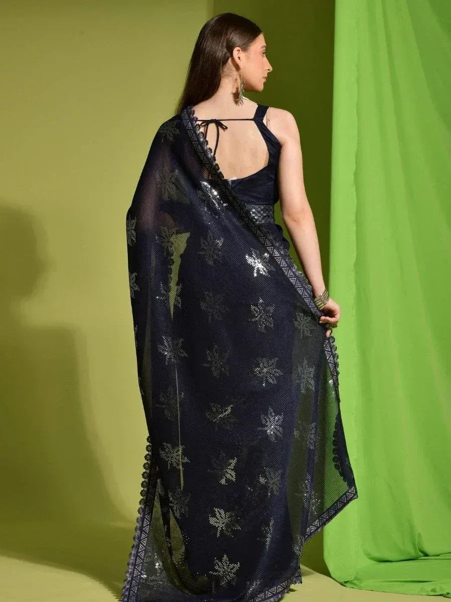 Navy blue sheer saree with silver floral embroidery, back view, ethnic wear