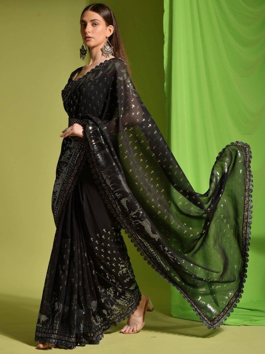 Excellent Black Sequins Georgette Designer Saree With Blouse