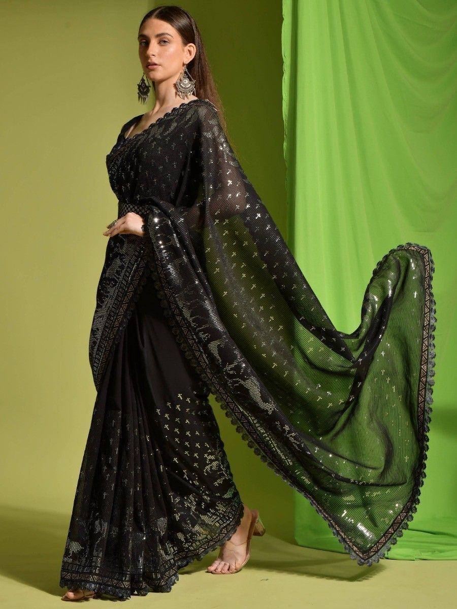 Black embroidered saree with sheer dupatta, ethnic Indian wear for women