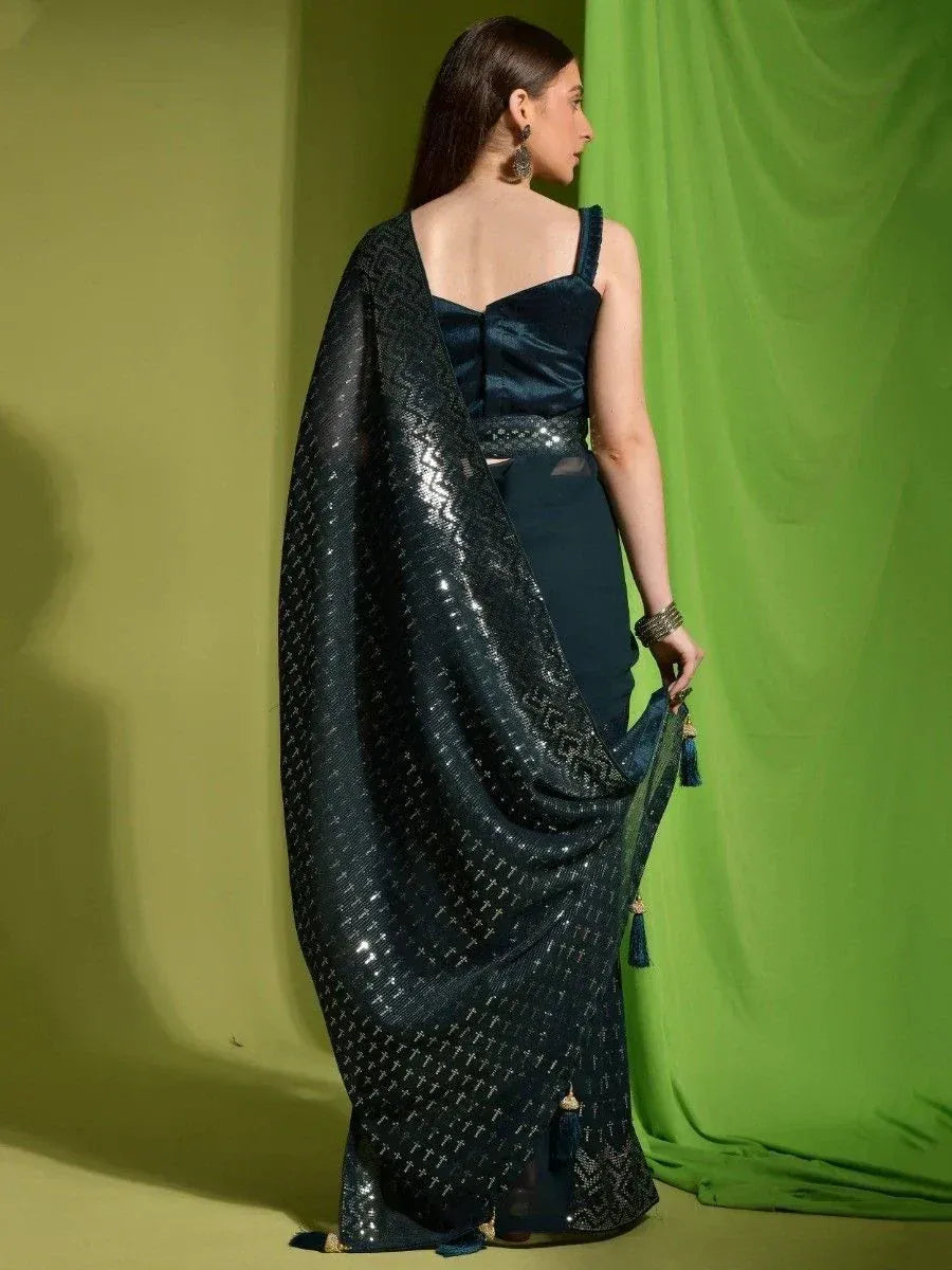 Dark teal sequin saree with matching blouse, elegant Indian ethnic wear for women