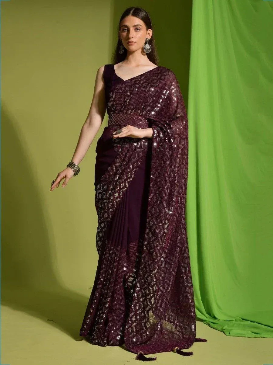 Elegant purple sequin saree with geometric pattern, perfect for Indian ethnic occasions